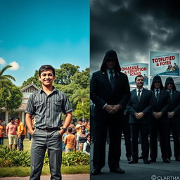An impactful, realistic photograph showcasing the contrast between a good young man and a group of evil politicians