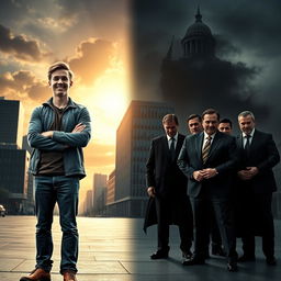 A striking contrast between a good young man and a group of evil politicians, set in a dramatic urban landscape