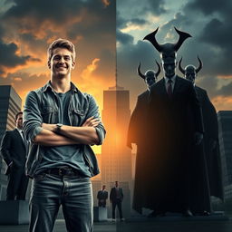 A striking contrast between a good young man and a group of evil politicians, set in a dramatic urban landscape
