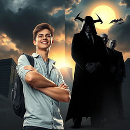 A striking contrast between a good young man and a group of evil politicians, set in a dramatic urban landscape