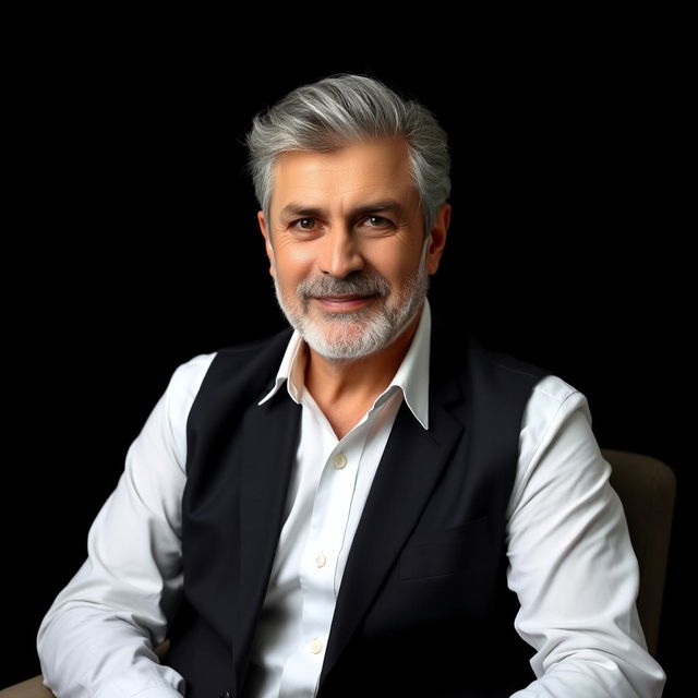 A portrait of Mehran Modiri, a well-known Iranian comedian, actor, and director, with neatly styled gray hair, wearing a dark suit jacket and a crisp white shirt