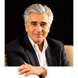 A portrait of Mehran Modiri, a well-known Iranian comedian, actor, and director, with neatly styled gray hair, wearing a dark suit jacket and a crisp white shirt