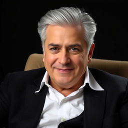 A portrait of Mehran Modiri, a well-known Iranian comedian, actor, and director, with neatly styled gray hair, wearing a dark suit jacket and a crisp white shirt