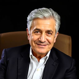 A portrait of Mehran Modiri, a well-known Iranian comedian, actor, and director, with neatly styled gray hair, wearing a dark suit jacket and a crisp white shirt