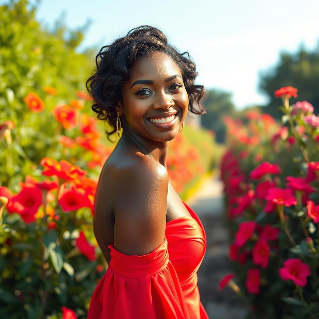 A beautiful woman with stunning features and black skin, wearing an elegant and flowing red dress