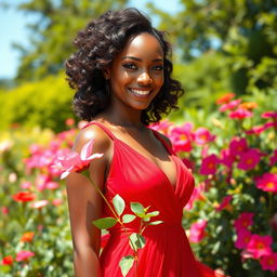 A beautiful woman with stunning features and black skin, wearing an elegant and flowing red dress