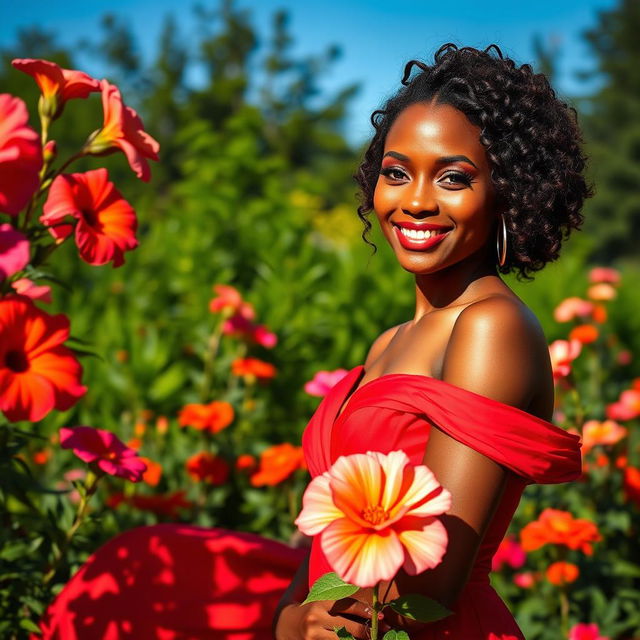 A beautiful woman with stunning features and black skin, wearing an elegant and flowing red dress