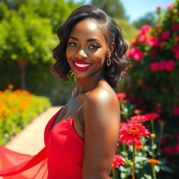 A beautiful woman with stunning features and black skin, wearing an elegant and flowing red dress