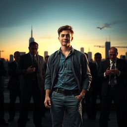 A dramatic scene depicting the contrast between a good young man and evil politicians
