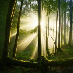 A lush, dense forest with sun rays filtering through early morning mist above a serene lake.