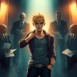 A vibrant scene depicting a heroic young blonde man with a confident stance, standing against a backdrop of corrupt, shadowy politicians plotting in an ominous environment