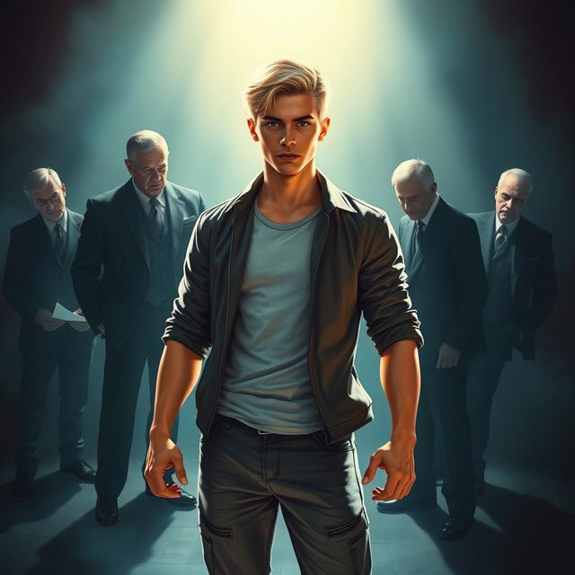 A vibrant scene depicting a heroic young blonde man with a confident stance, standing against a backdrop of corrupt, shadowy politicians plotting in an ominous environment