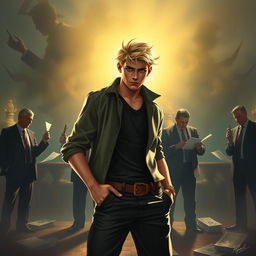 A vibrant scene depicting a heroic young blonde man with a confident stance, standing against a backdrop of corrupt, shadowy politicians plotting in an ominous environment