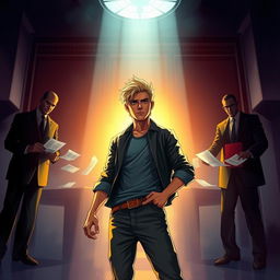 A vibrant scene depicting a heroic young blonde man with a confident stance, standing against a backdrop of corrupt, shadowy politicians plotting in an ominous environment