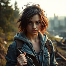 A portrait of Ellie Williams, an adventurous young woman with a determined expression