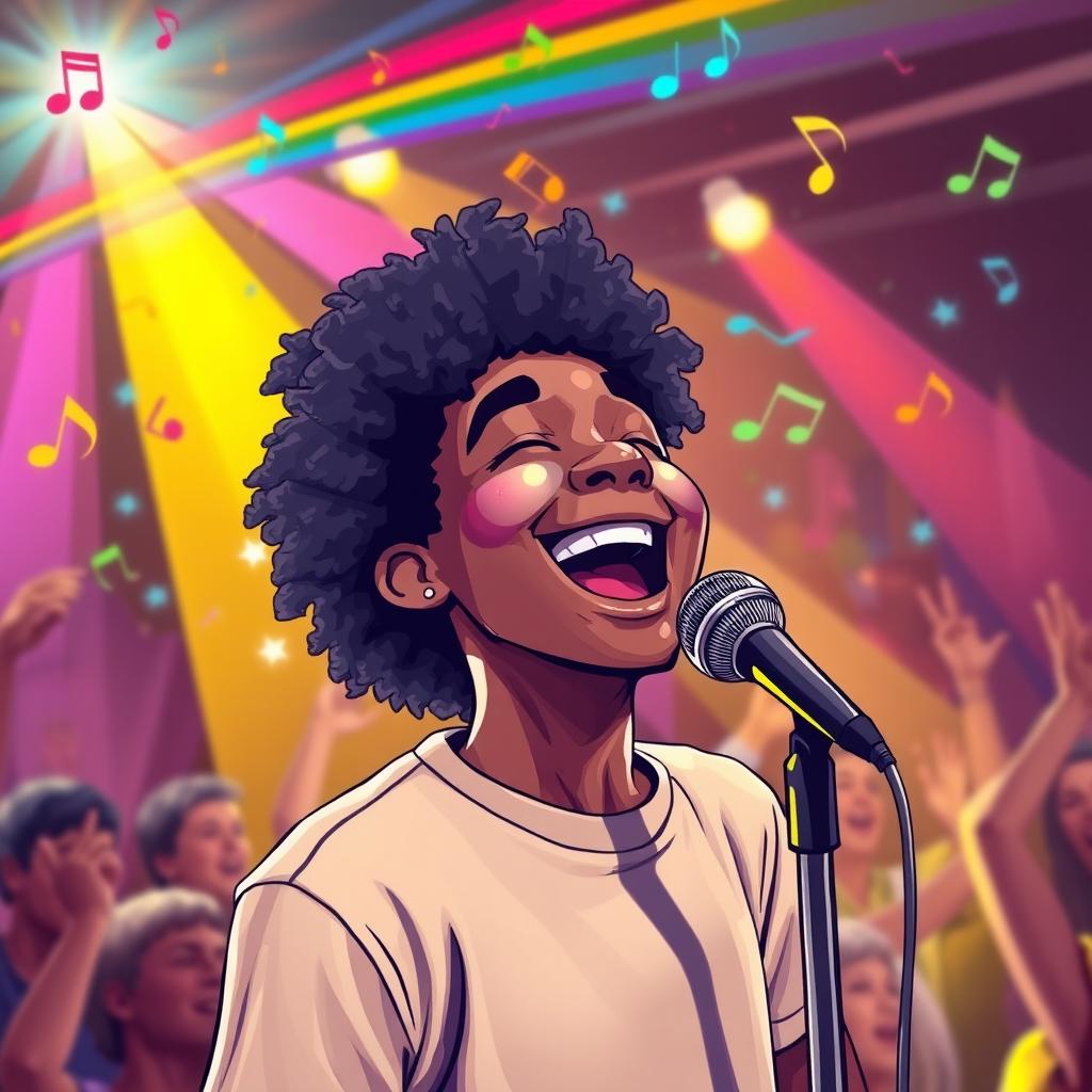 A lively and colorful scene depicting a joyful person singing into a microphone in a vibrant, dynamic atmosphere