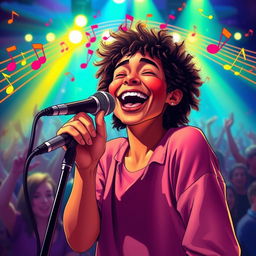 A lively and colorful scene depicting a joyful person singing into a microphone in a vibrant, dynamic atmosphere