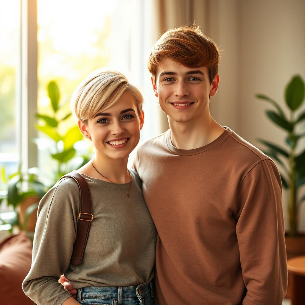 A young couple, Ellie Williams and her husband, standing together in a warm, inviting environment