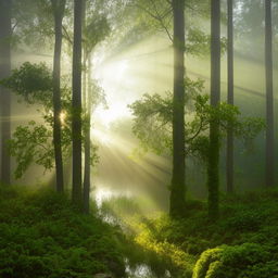 A lush, dense forest with sun rays filtering through early morning mist above a serene lake.