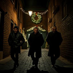 A gang of criminals walking confidently through a dark, shadowy city alley during Christmas night