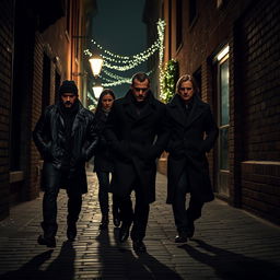 A gang of criminals walking confidently through a dark, shadowy city alley during Christmas night