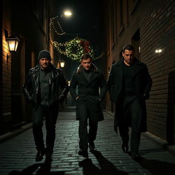 A gang of criminals walking confidently through a dark, shadowy city alley during Christmas night