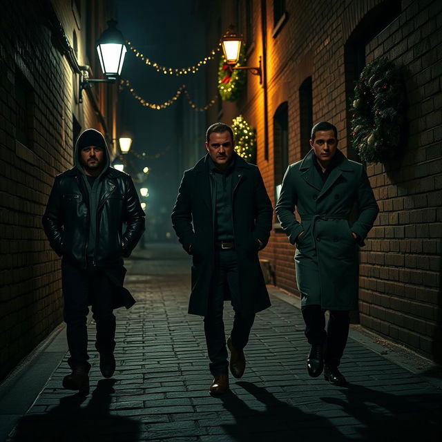 A gang of criminals walking confidently through a dark, shadowy city alley during Christmas night