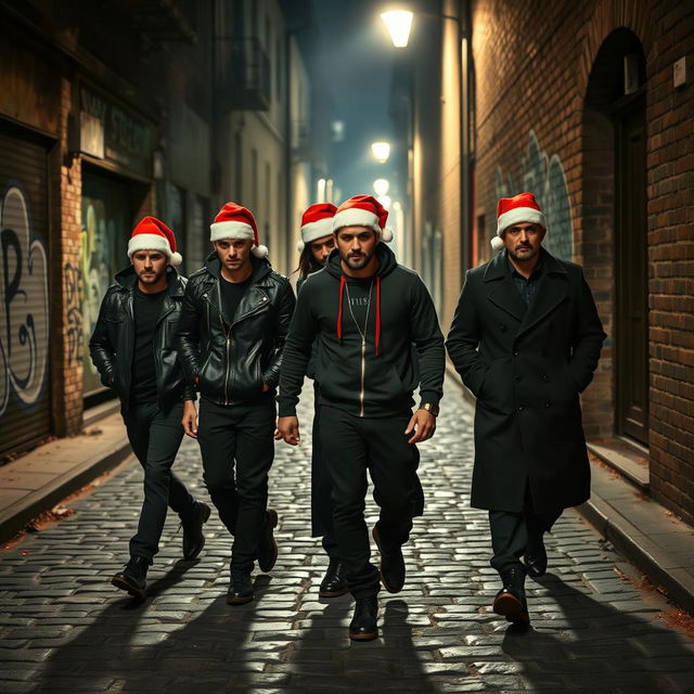 A gang of criminals wearing Santa hats walking confidently through a dark, shadowy city alley