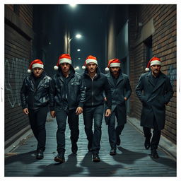 A gang of criminals wearing Santa hats walking confidently through a dark, shadowy city alley