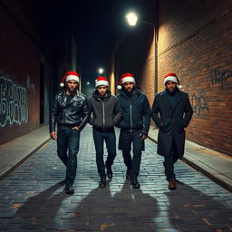 A gang of criminals wearing Santa hats walking confidently through a dark, shadowy city alley