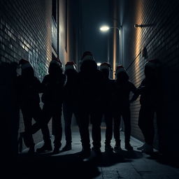 A striking silhouette of a gang of criminals wearing Santa hats, standing confidently in a dark city alley