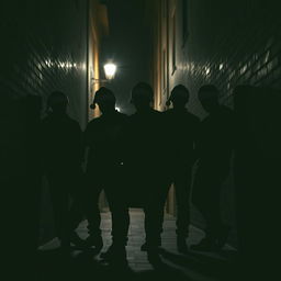A striking silhouette of a gang of criminals wearing Santa hats, standing confidently in a dark city alley