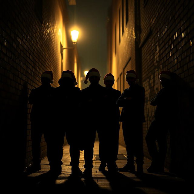 A striking silhouette of a gang of criminals wearing Santa hats, standing confidently in a dark city alley