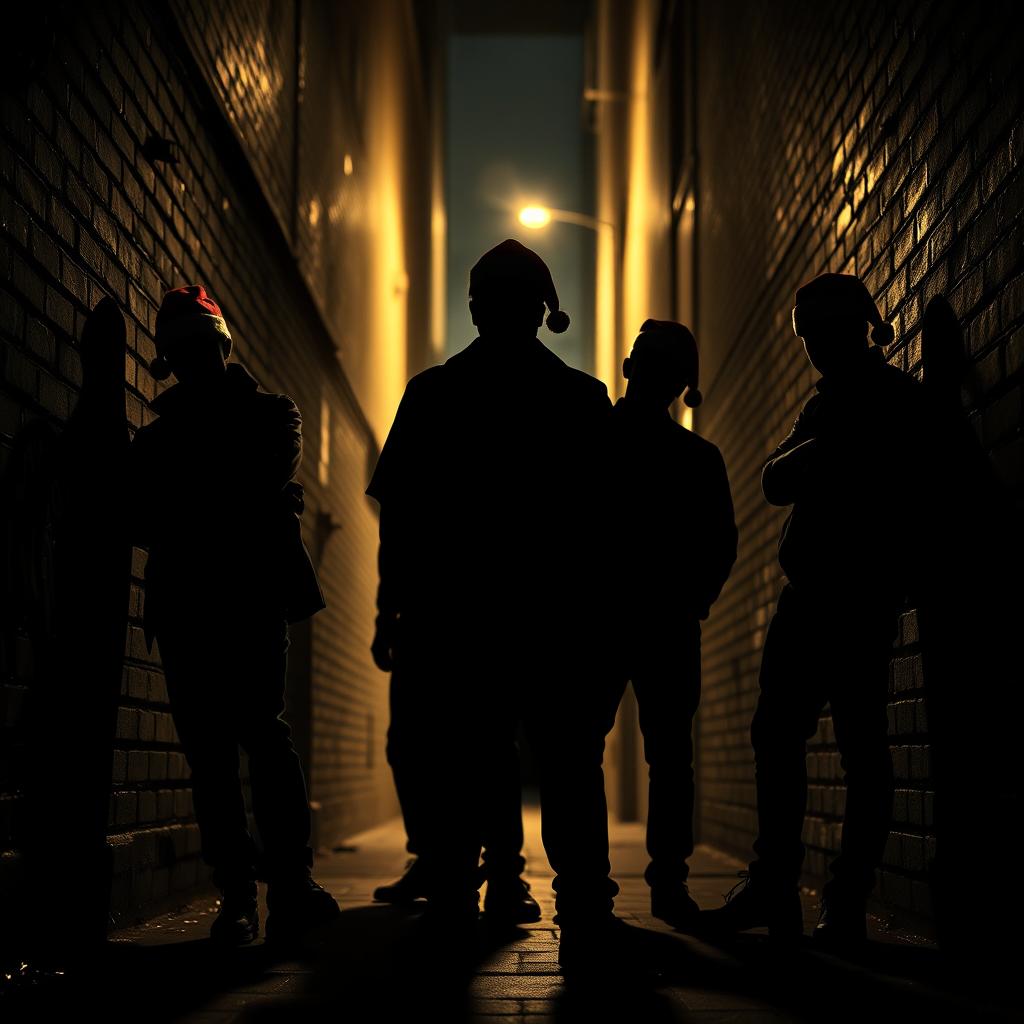 A striking silhouette of a gang of criminals wearing Santa hats, standing confidently in a dark city alley