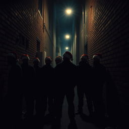 A gang of criminals captured in almost silhouette, each wearing Santa hats, as they stand in a dark city alley