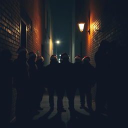 A gang of criminals captured in almost silhouette, each wearing Santa hats, as they stand in a dark city alley