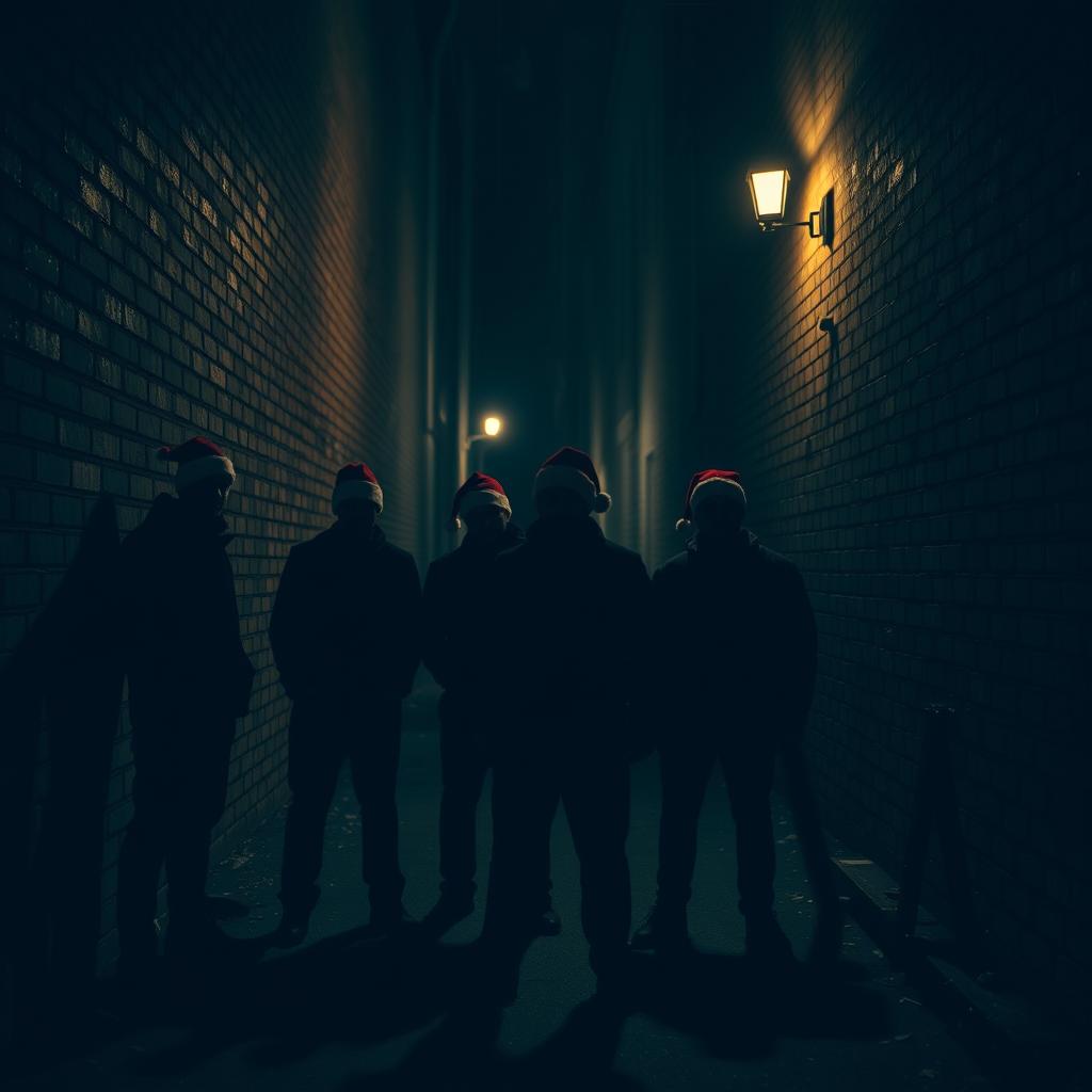 A gang of criminals captured in almost silhouette, each wearing Santa hats, as they stand in a dark city alley