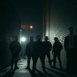 A gang of criminals captured in almost silhouette, each wearing Santa hats, as they stand in a dark city alley