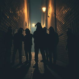 A gang of criminals depicted in almost silhouette, wearing Santa hats, positioned in a dark city alley