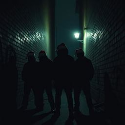 A gang of criminals depicted in almost silhouette, wearing Santa hats, positioned in a dark city alley