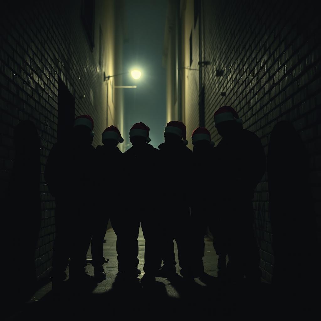 A gang of criminals depicted in almost silhouette, wearing Santa hats, positioned in a dark city alley