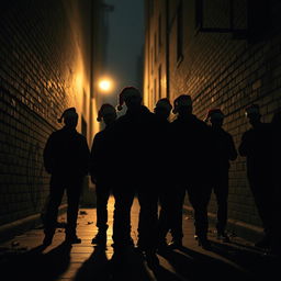 A gang of criminals depicted in almost silhouette, wearing Santa hats, positioned in a dark city alley