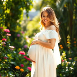 A beautiful, glowing pregnant woman standing in a sunlit garden, wearing a flowing white dress that gently accentuates her baby bump