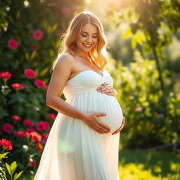 A beautiful, glowing pregnant woman standing in a sunlit garden, wearing a flowing white dress that gently accentuates her baby bump