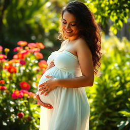 A beautiful, glowing pregnant woman standing in a sunlit garden, wearing a flowing white dress that gently accentuates her baby bump
