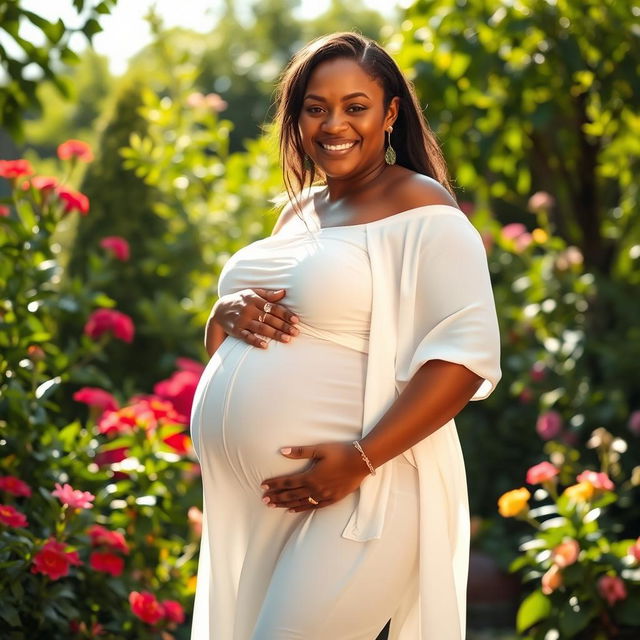 A beautiful, confident pregnant woman who weighs 309 kilos, standing in a sunlit garden, wearing a flowing white dress that elegantly drapes around her curves, highlighting her baby bump