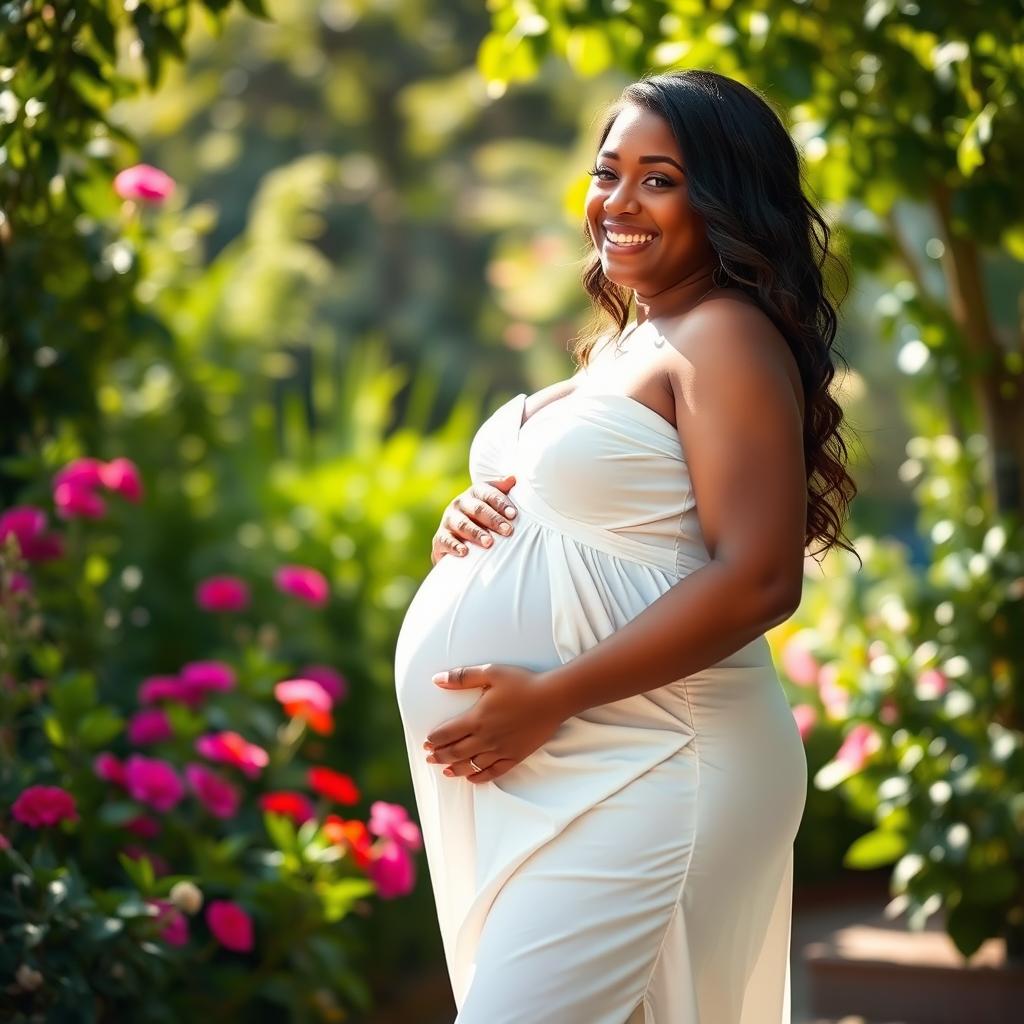 A beautiful, confident pregnant woman who weighs 309 kilos, standing in a sunlit garden, wearing a flowing white dress that elegantly drapes around her curves, highlighting her baby bump