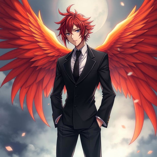 A male character wearing a dark suit, featuring striking red hair styled in a Japanese anime fashion