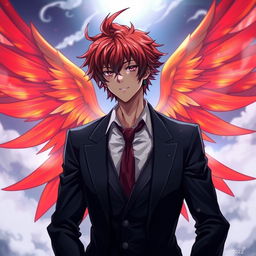 A male character wearing a dark suit, featuring striking red hair styled in a Japanese anime fashion