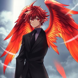 A male character wearing a dark suit, featuring striking red hair styled in a Japanese anime fashion